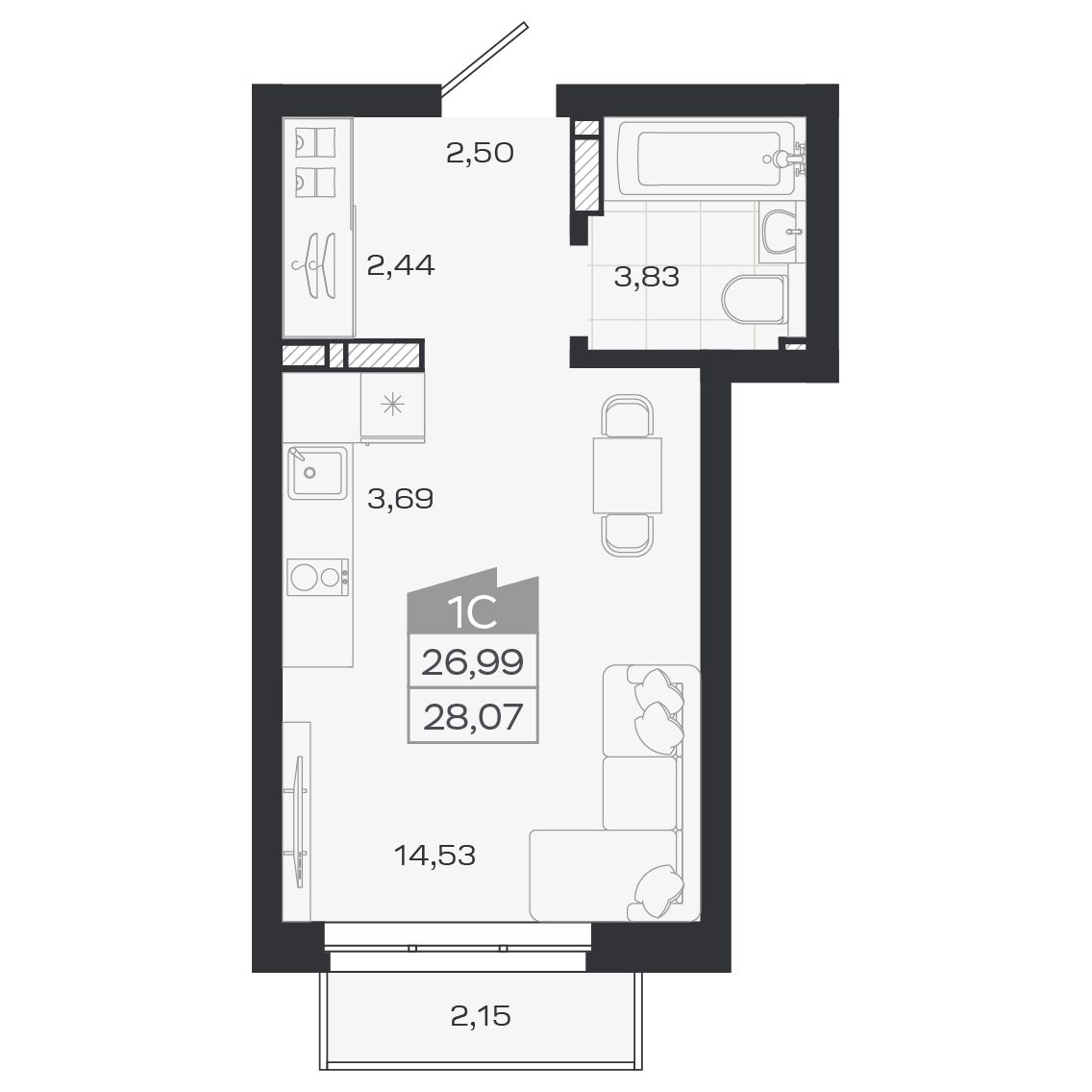 Планировка: Евро-1, 26,82 м²