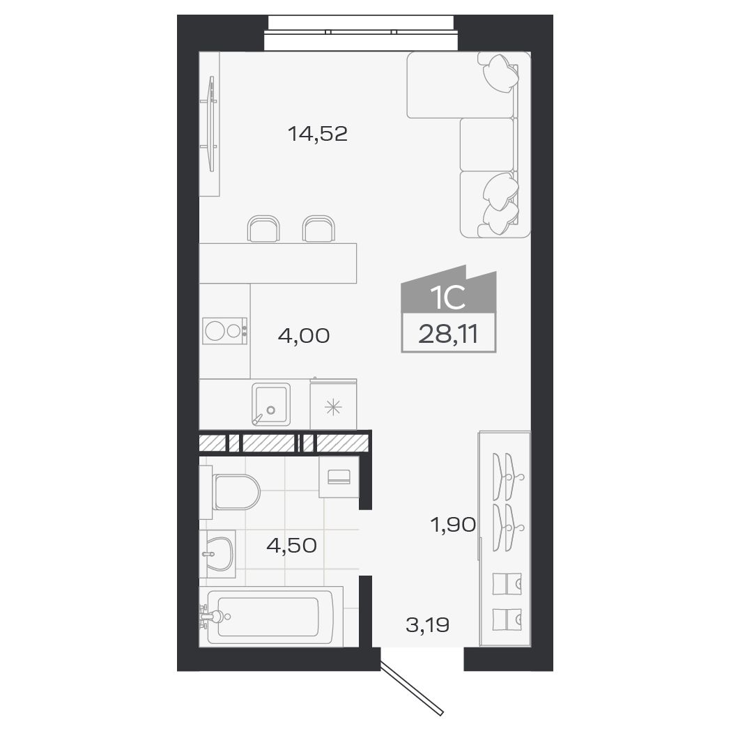 Планировка: Евро-1, 28,07 м²