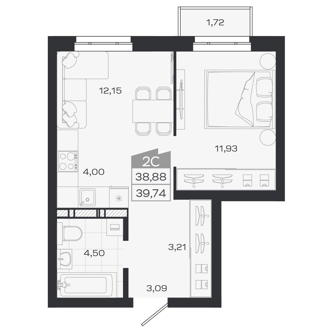 Планировка: Евро-2, 38,84 м²
