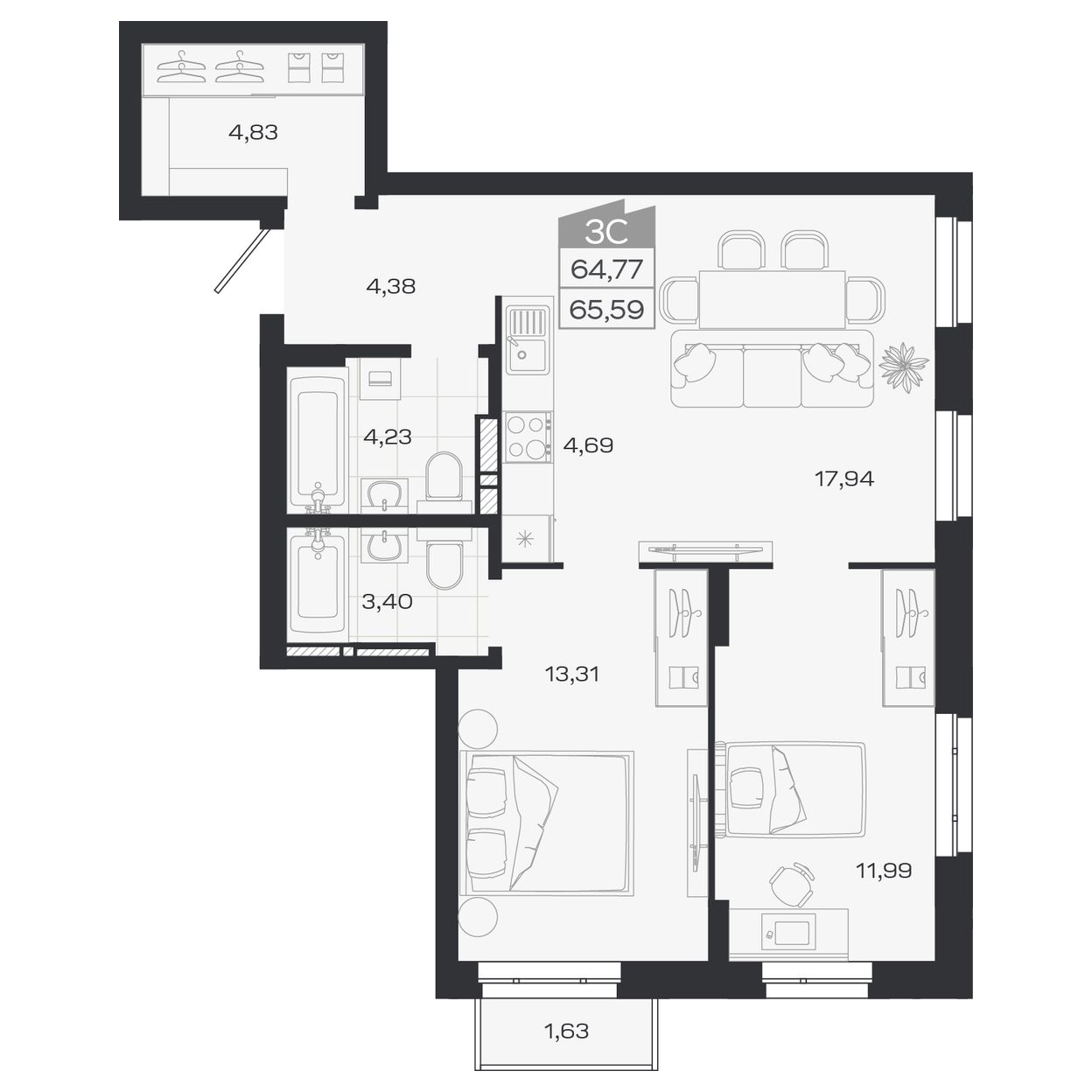 Планировка: Евро-3, 64,68 м²