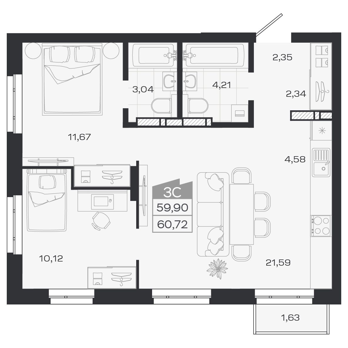 Планировка: Евро-3, 59,78 м²