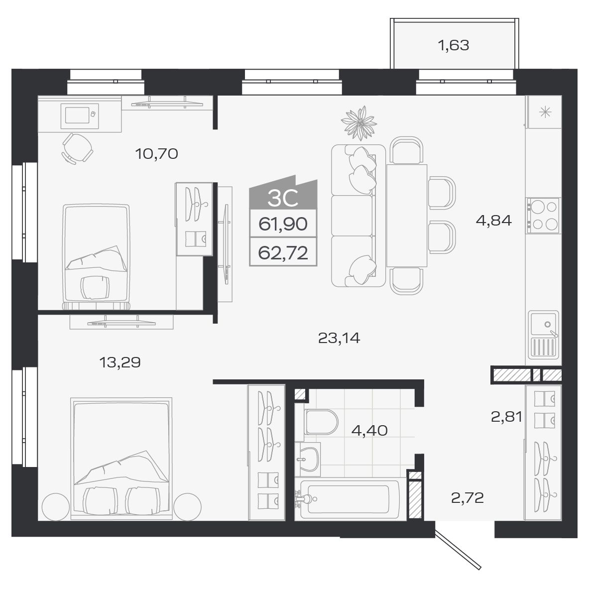 Планировка: Евро-3, 61,88 м²