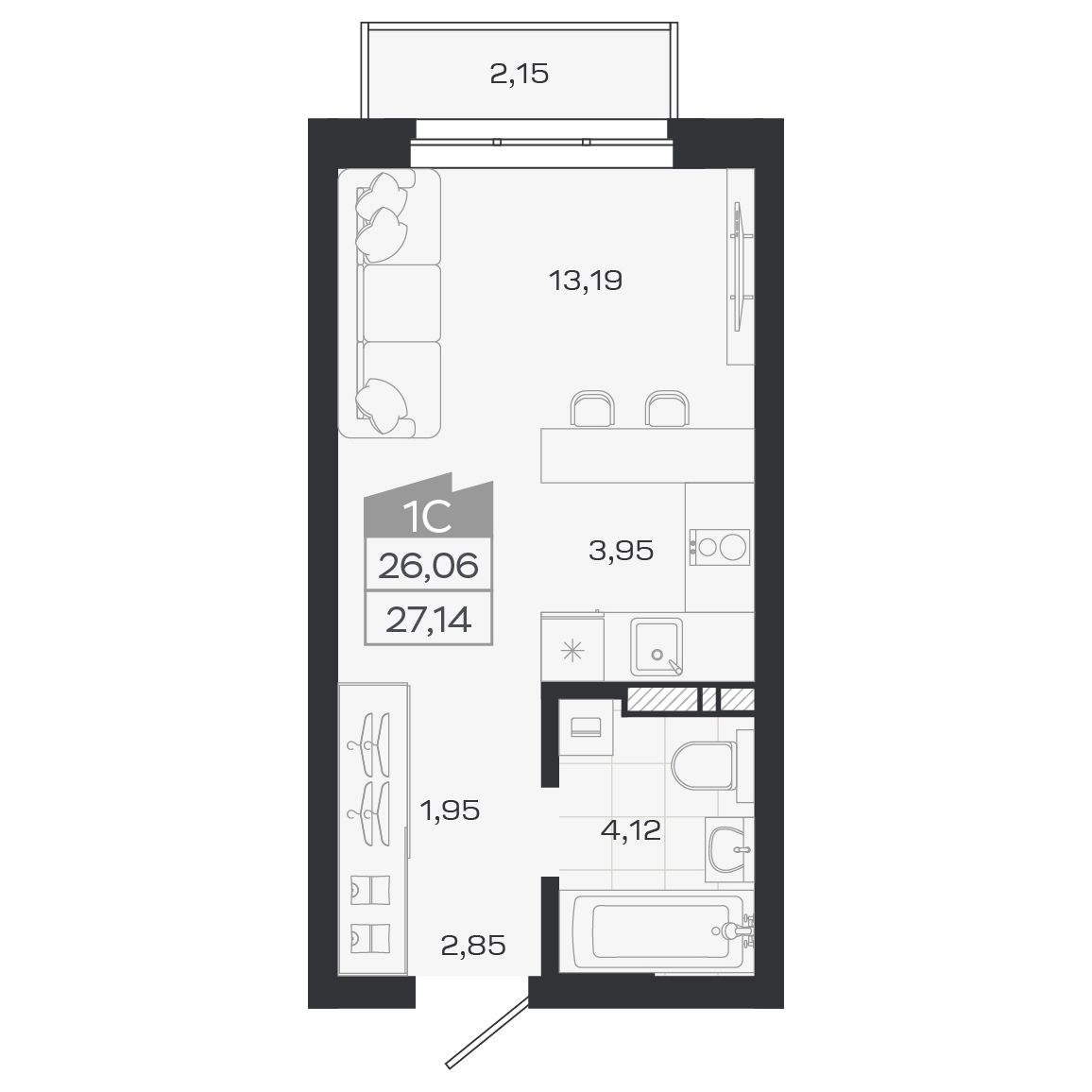 Планировка: Евро-1, 26,02 м²