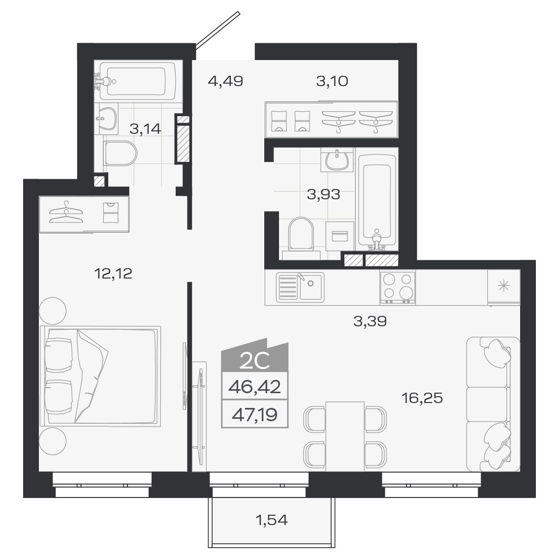 Планировка: Евро-2, 46,45 м²