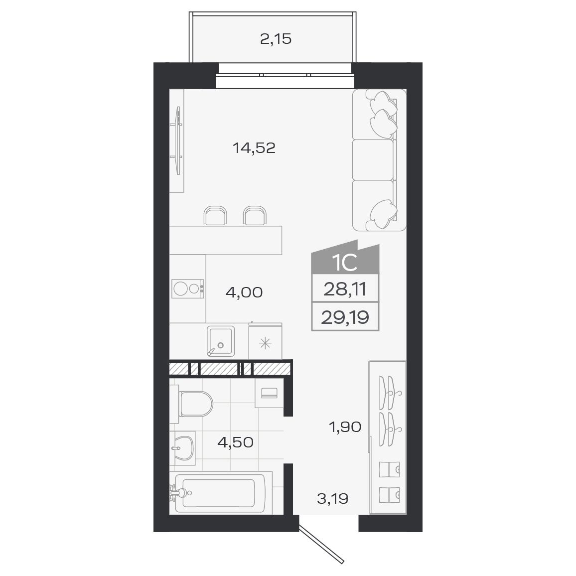 Планировка: Евро-1, 28,07 м²