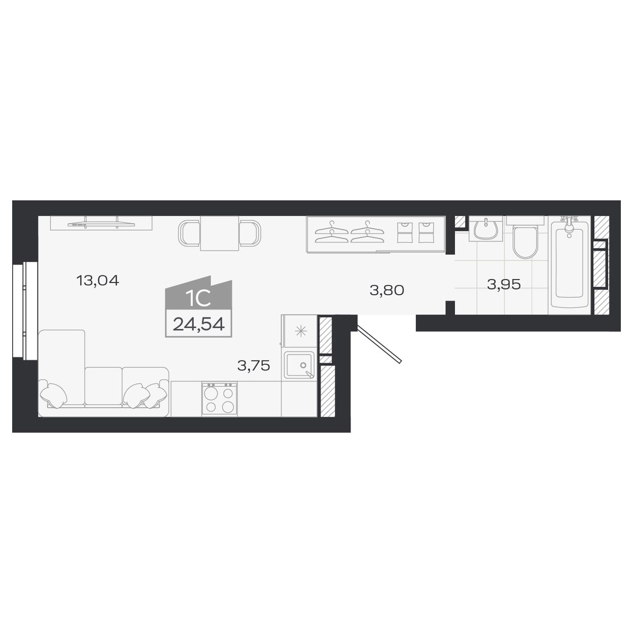 Планировка: Евро-1, 24,49 м²