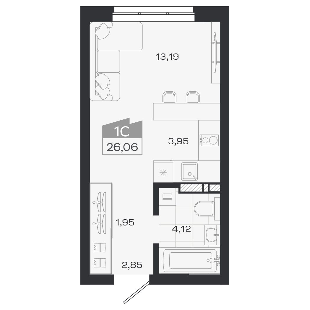 Планировка: Евро-1, 26,02 м²
