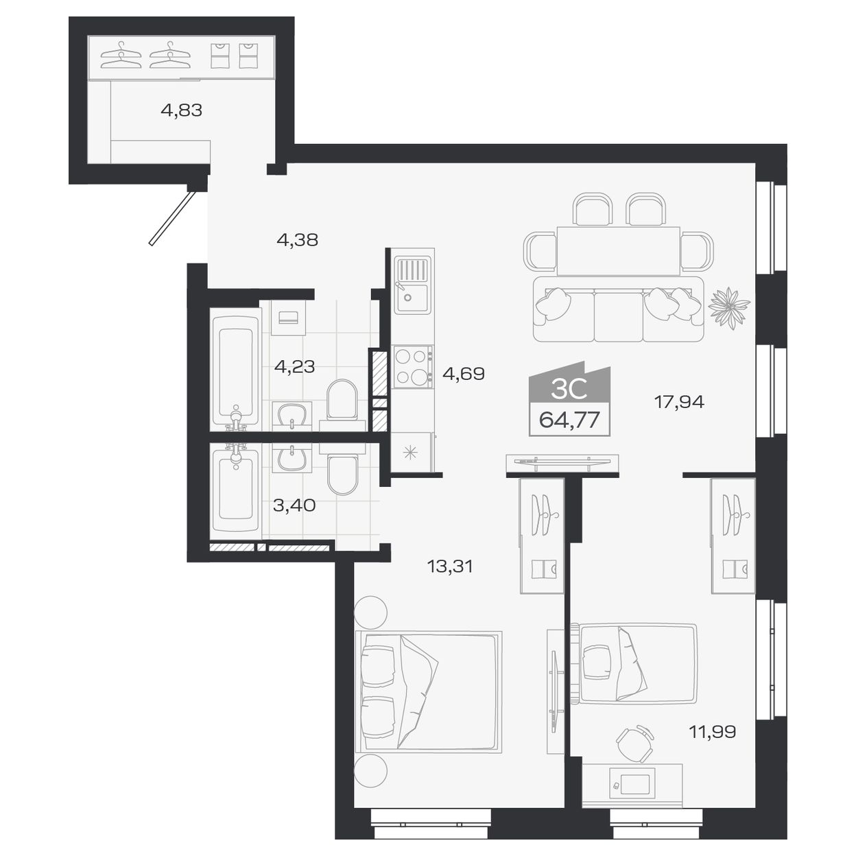Планировка: Евро-3, 64,68 м²