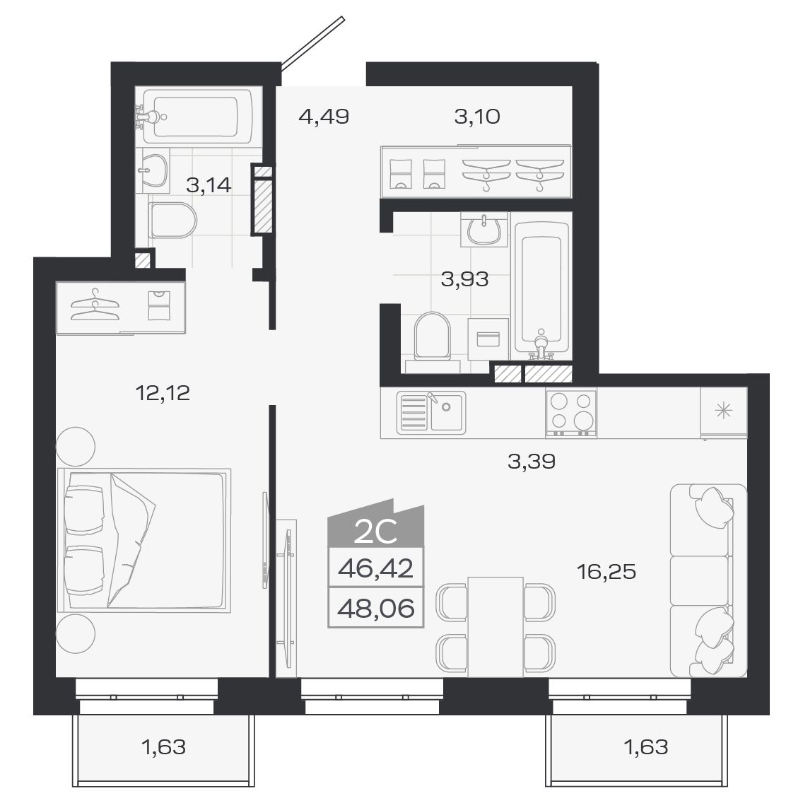 Планировка: Евро-2, 46,45 м²