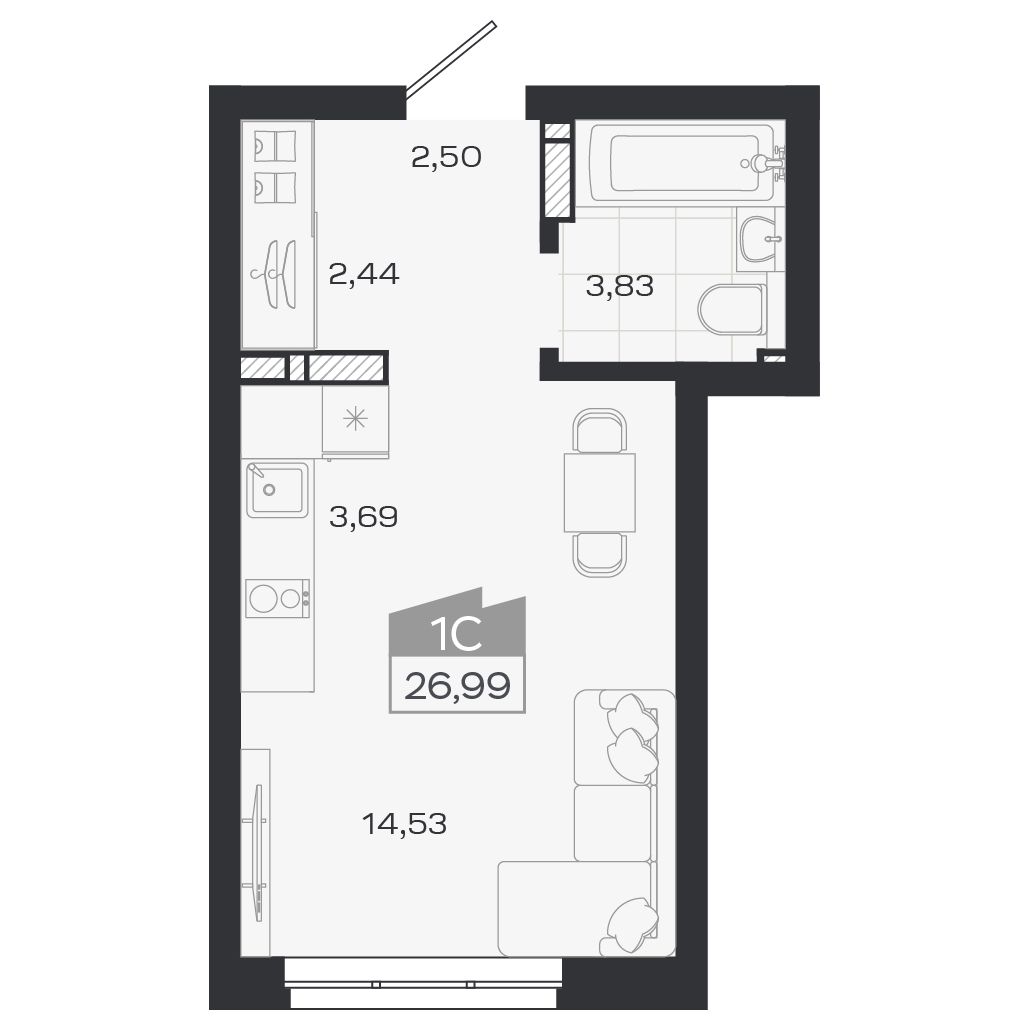 Планировка: Евро-1, 26,82 м²