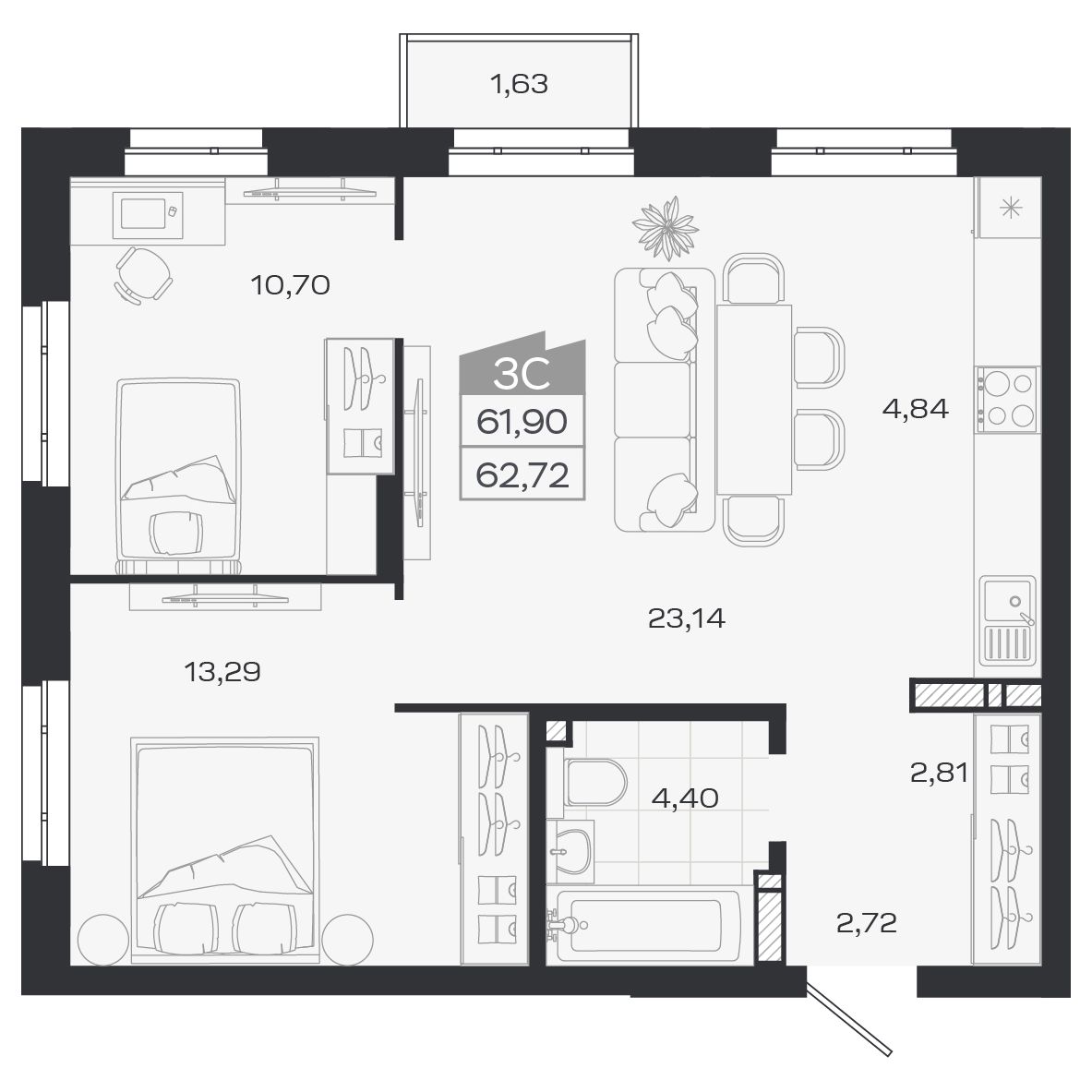 Планировка: Евро-3, 61,88 м²