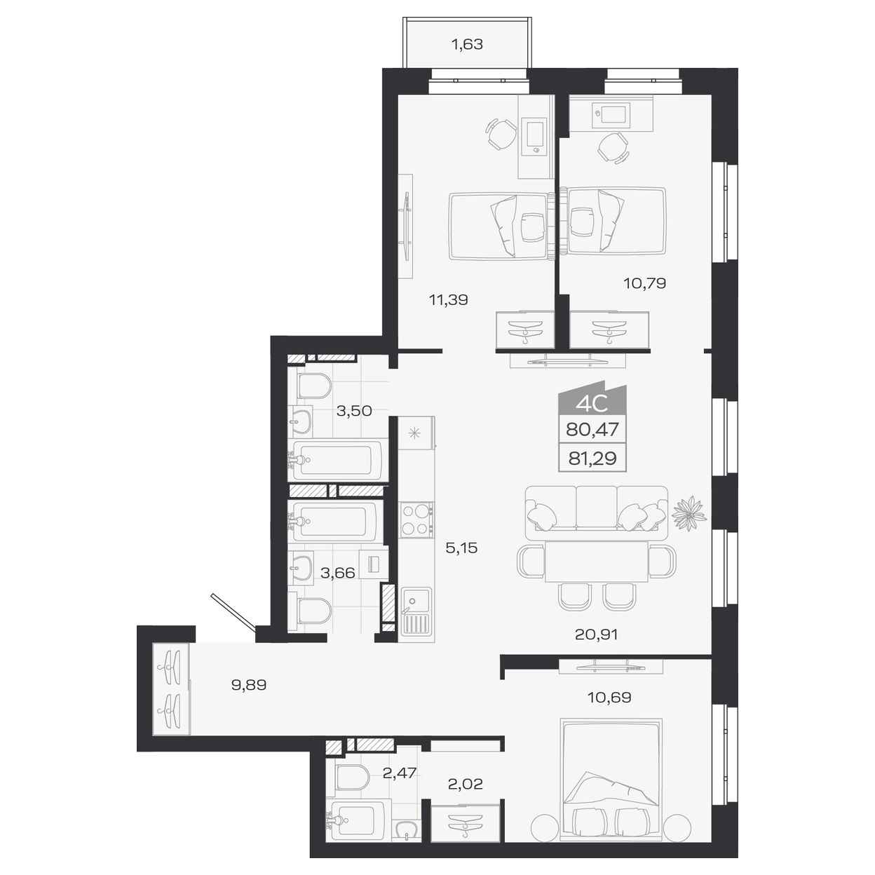 Планировка: 4-комнатная 80,39 м² в ЖК «Квартал 1804»