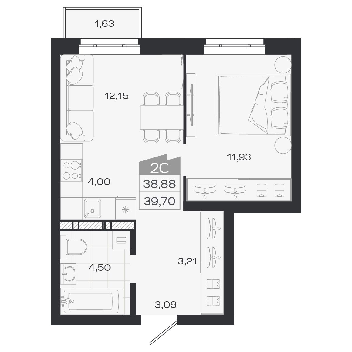Планировка: Евро-2, 38,84 м²