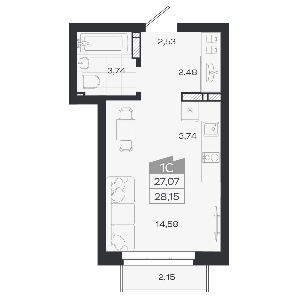 Планировка: Евро-1, 26,89 м²