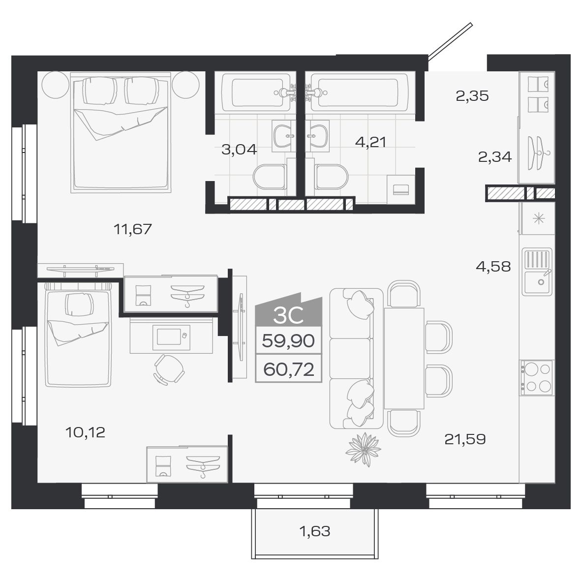 Планировка: Евро-3, 59,78 м²