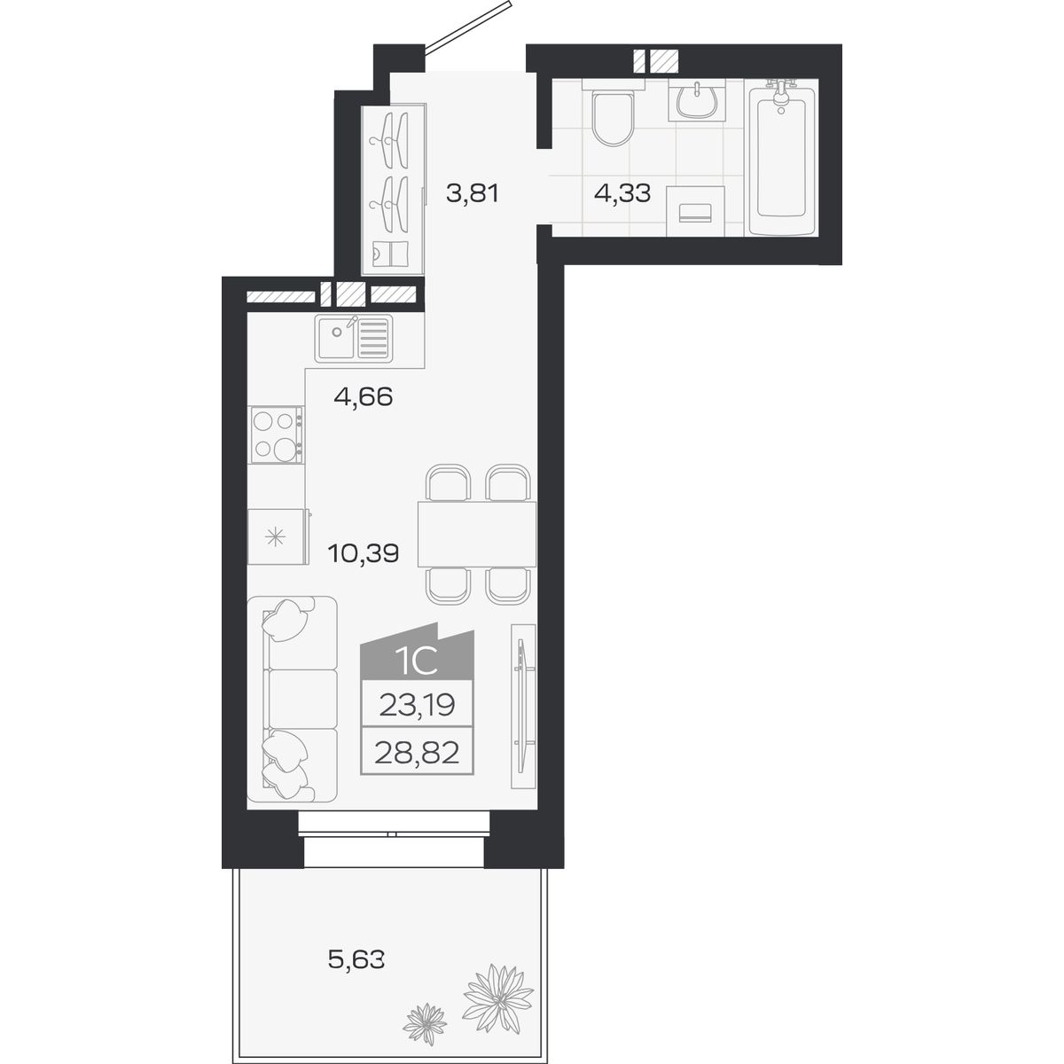 Планировка: Студия, 23,19 м²