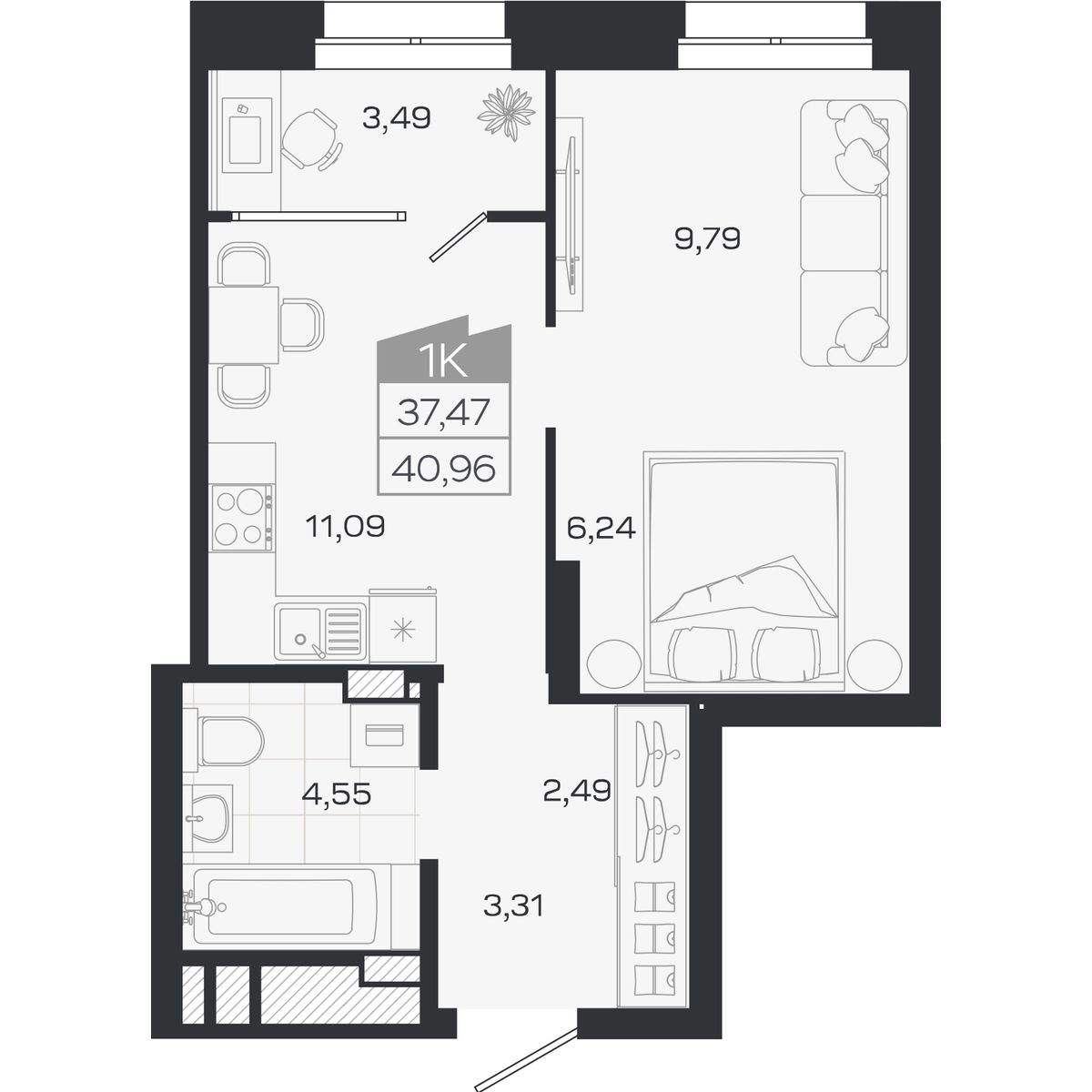 Планировка: 1-комнатная, 37,48 м²