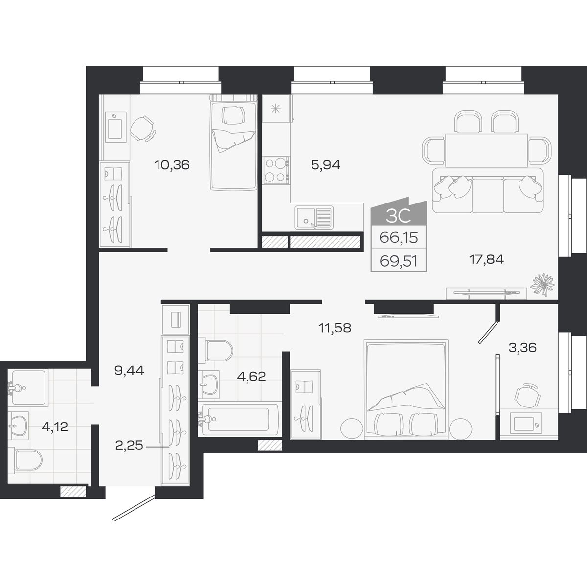 Планировка: Евро-3, 66,14 м²