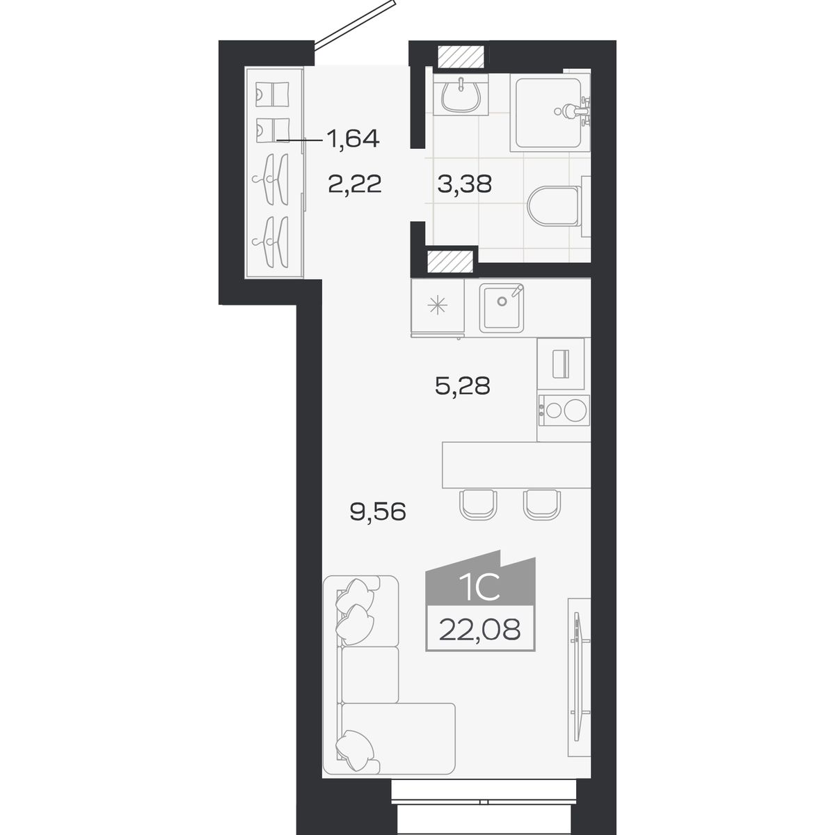 Планировка: Студия, 22,08 м²