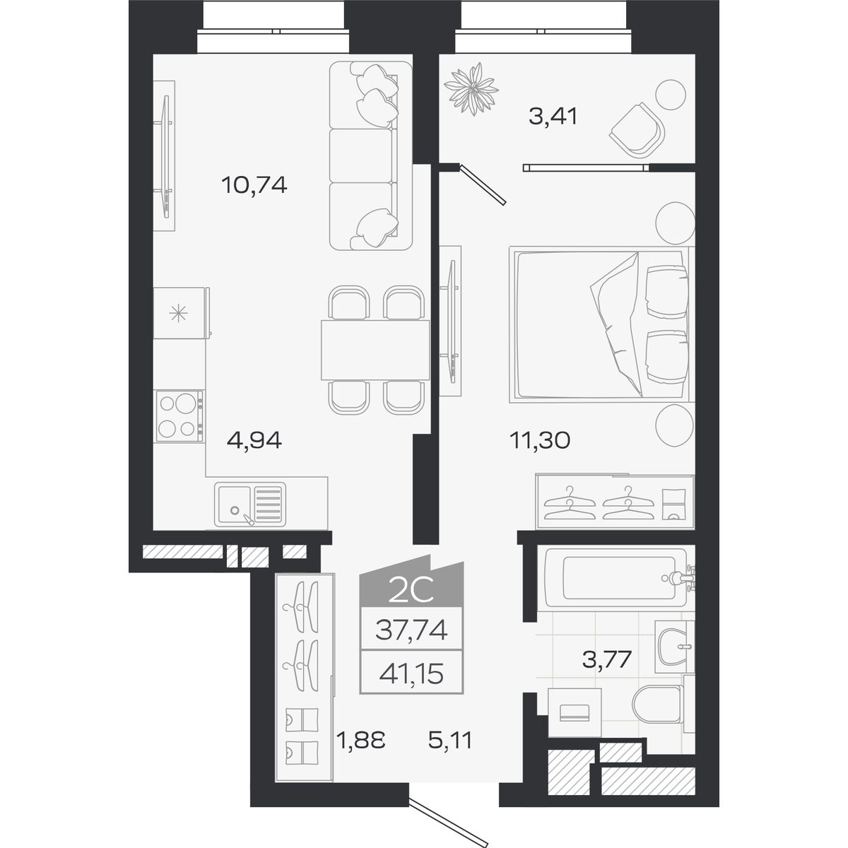 Планировка: Евро-2, 37,74 м²
