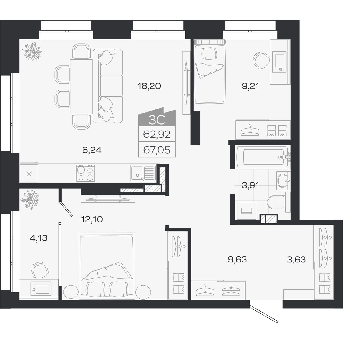 Планировка: Евро-3, 62,92 м²