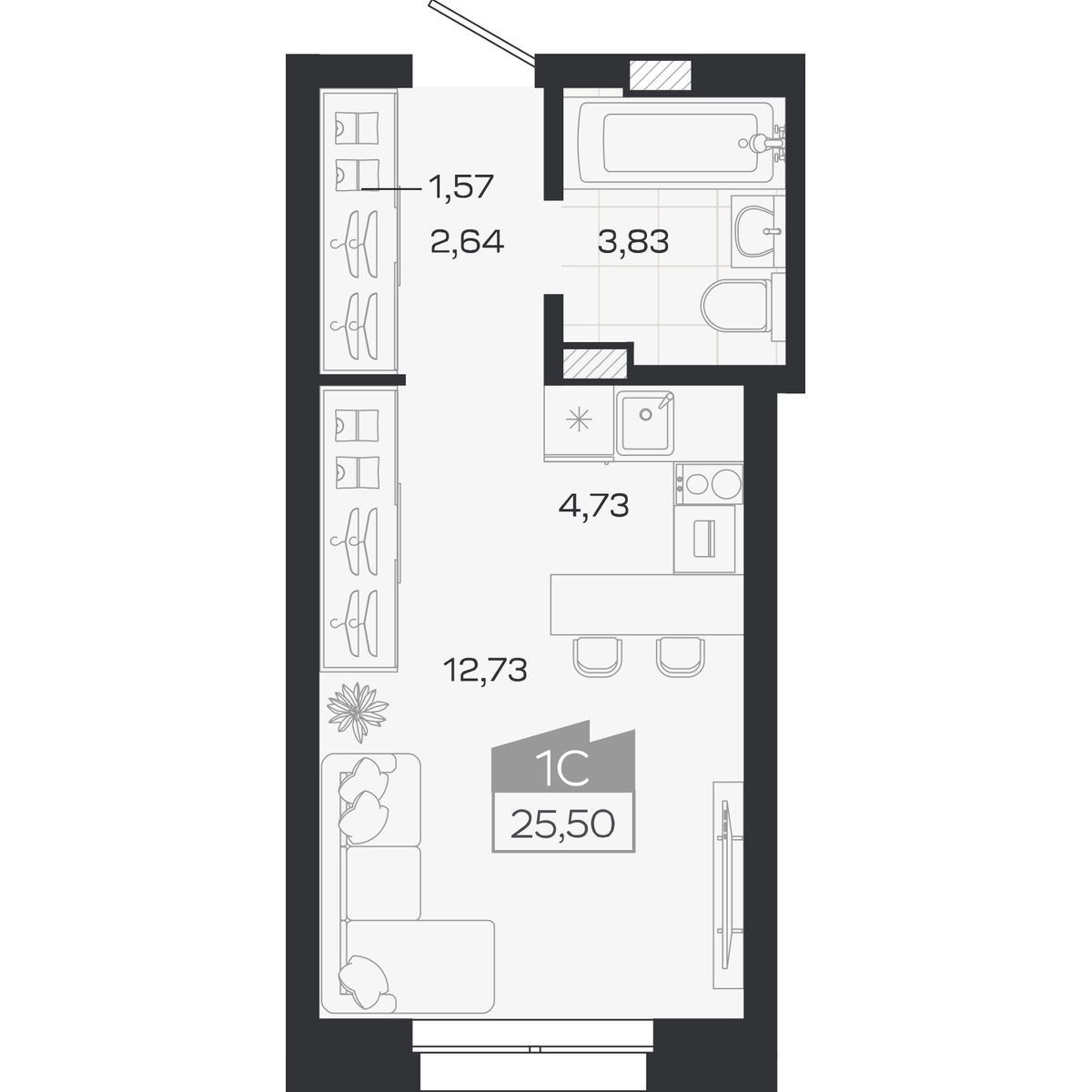 Планировка: Студия, 25,5 м²