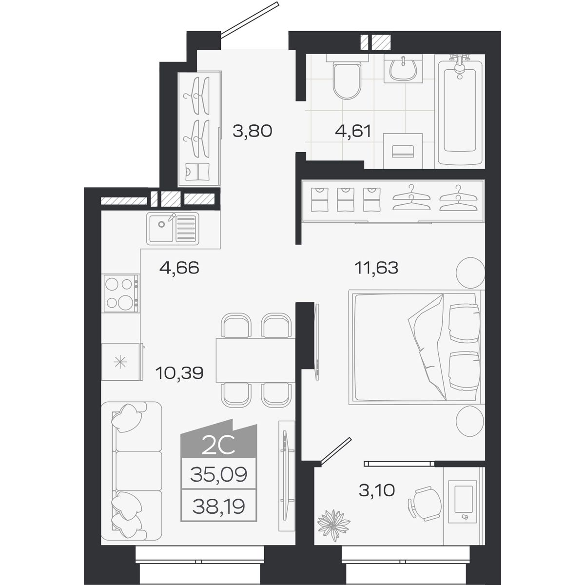 Планировка: Евро-2, 35,09 м²