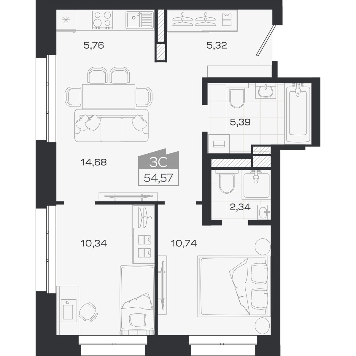 Планировка: Евро-3, 54,57 м²