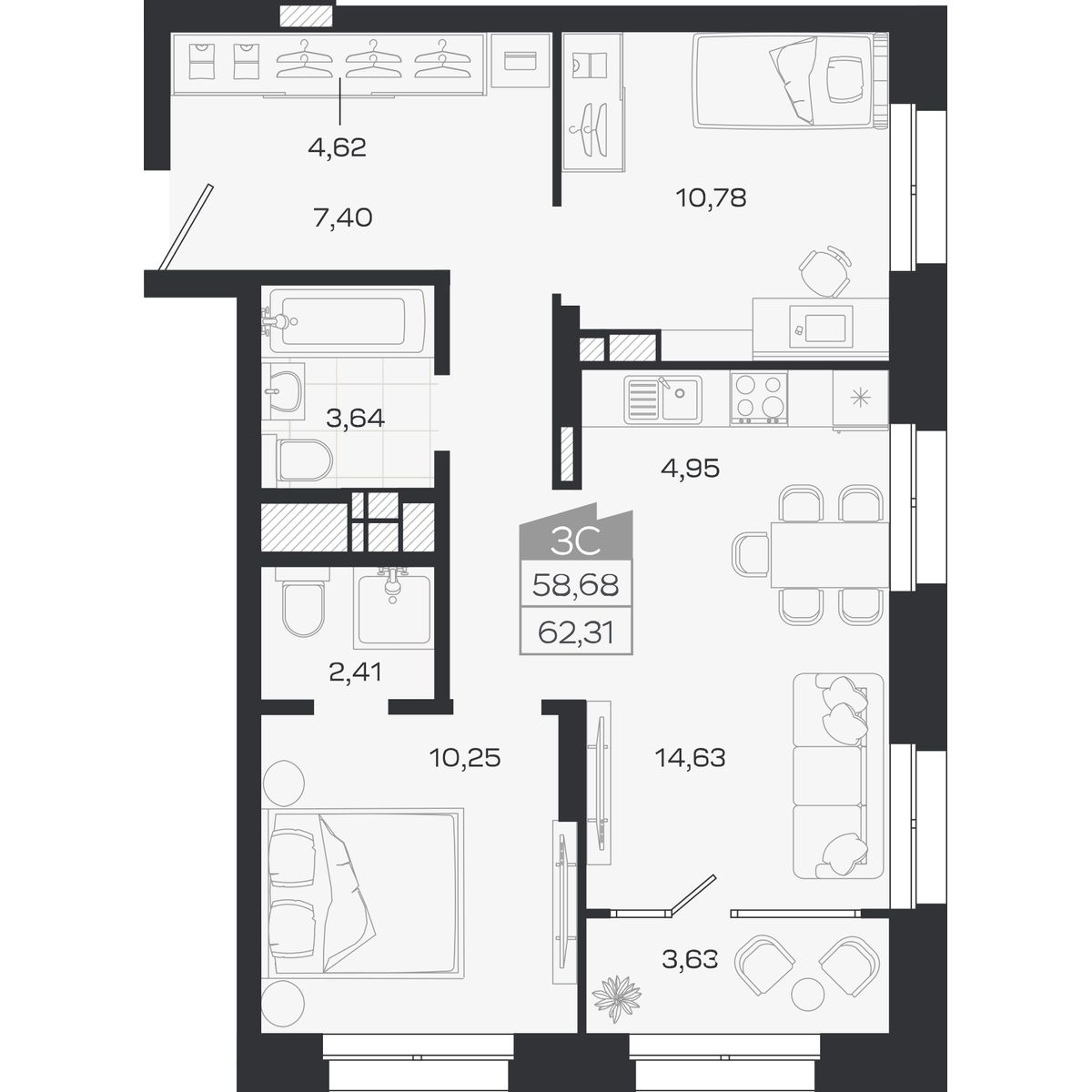 Планировка: Евро-3, 58,68 м²