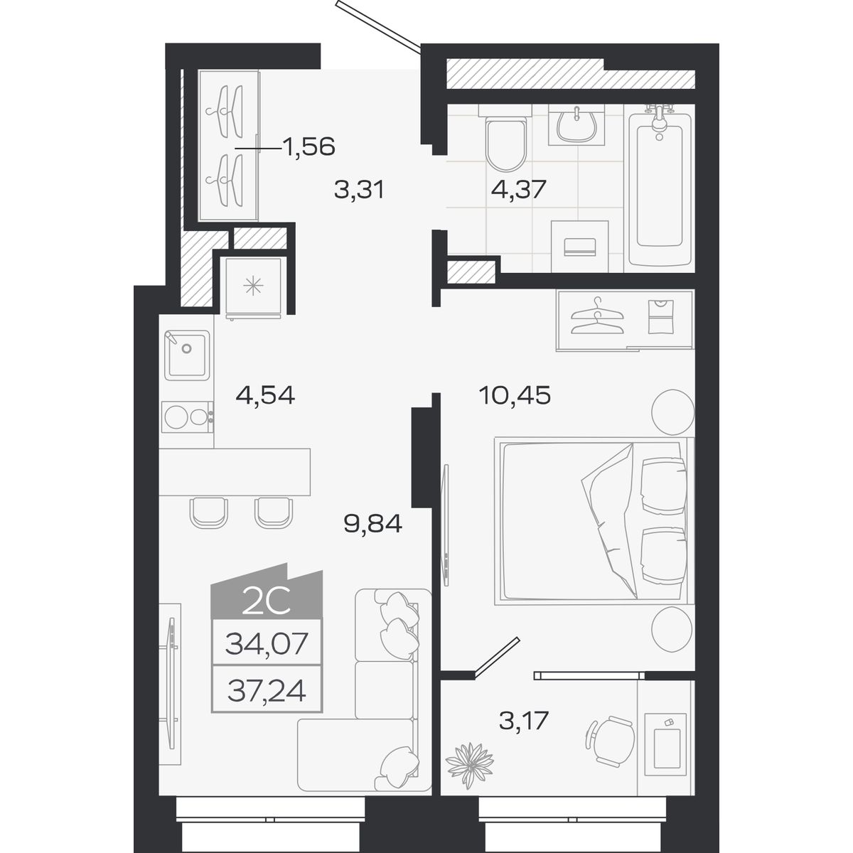Планировка: Евро-2, 34,06 м²