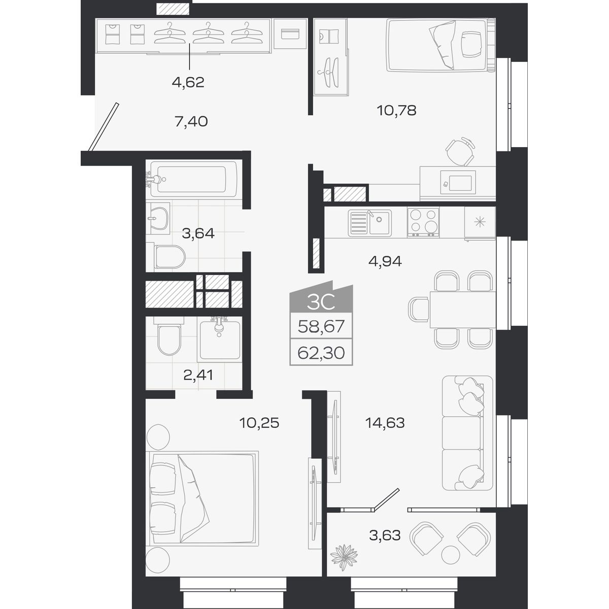 Планировка: Евро-3, 58,67 м²
