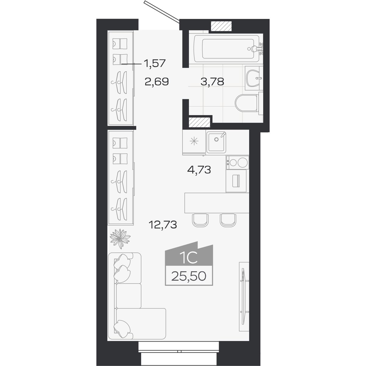 Планировка: Студия, 25,5 м²