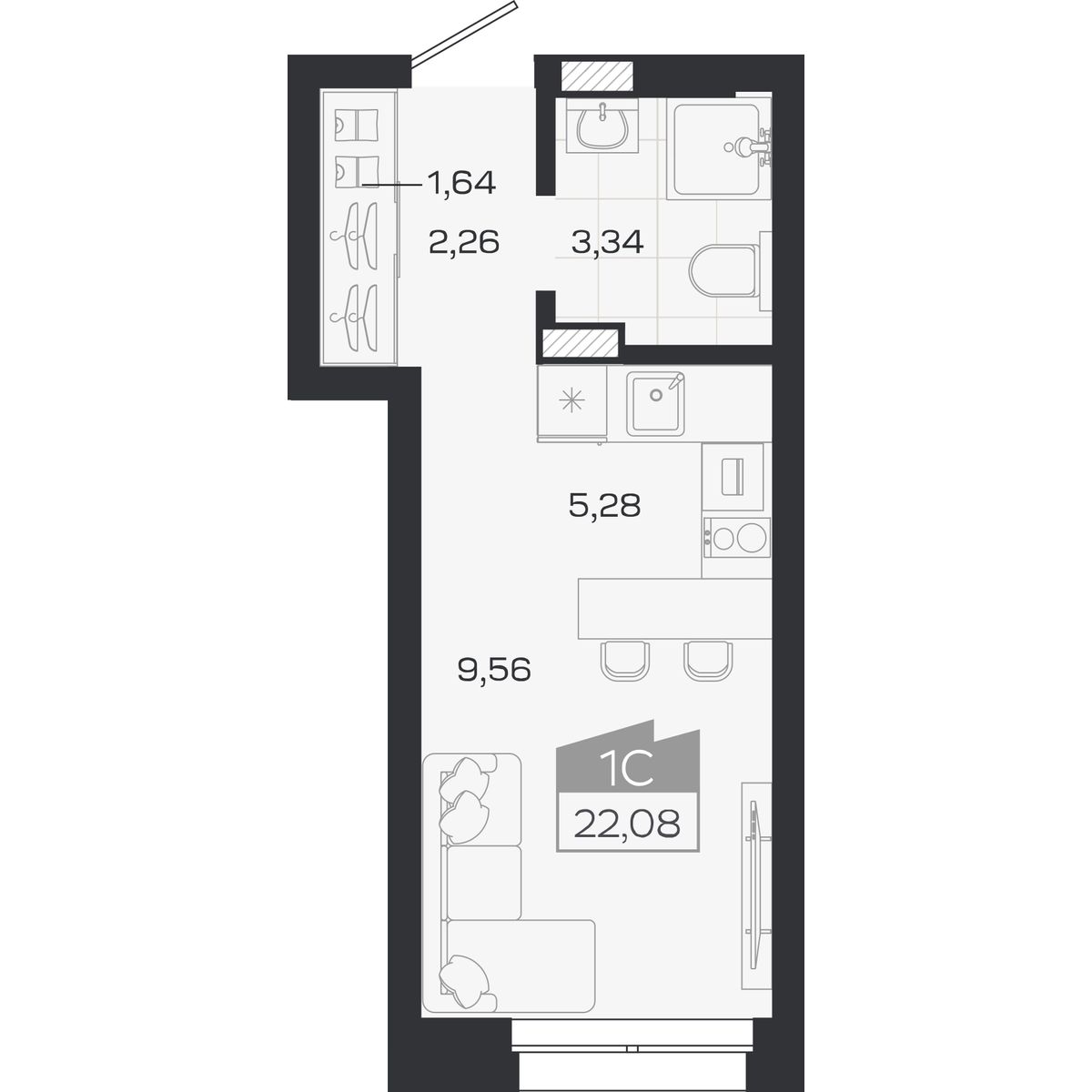 Планировка: Студия, 22,08 м²