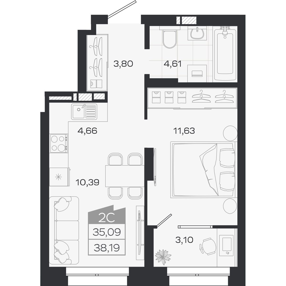 Планировка: Евро-2, 35,09 м²