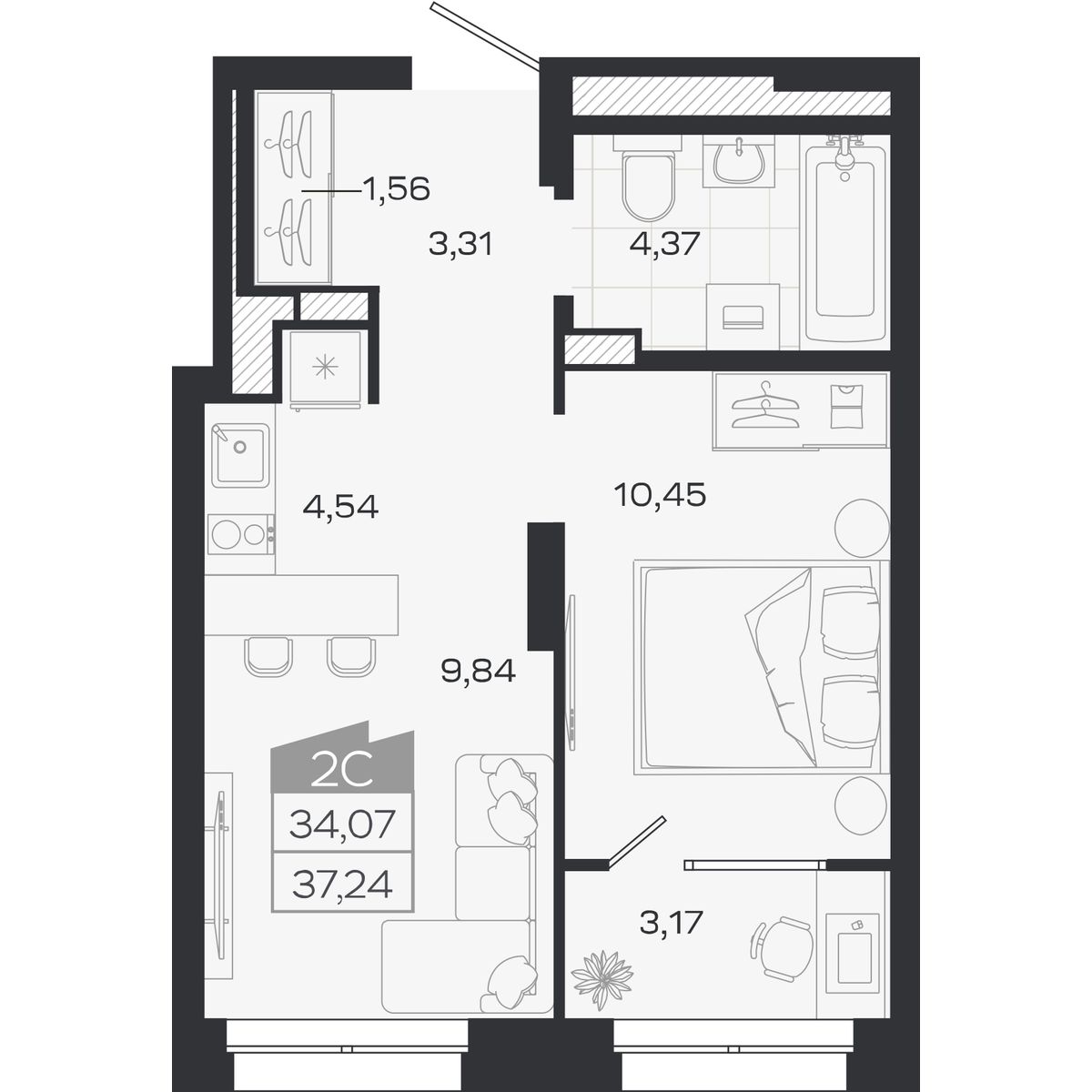 Планировка: Евро-2, 34,06 м²