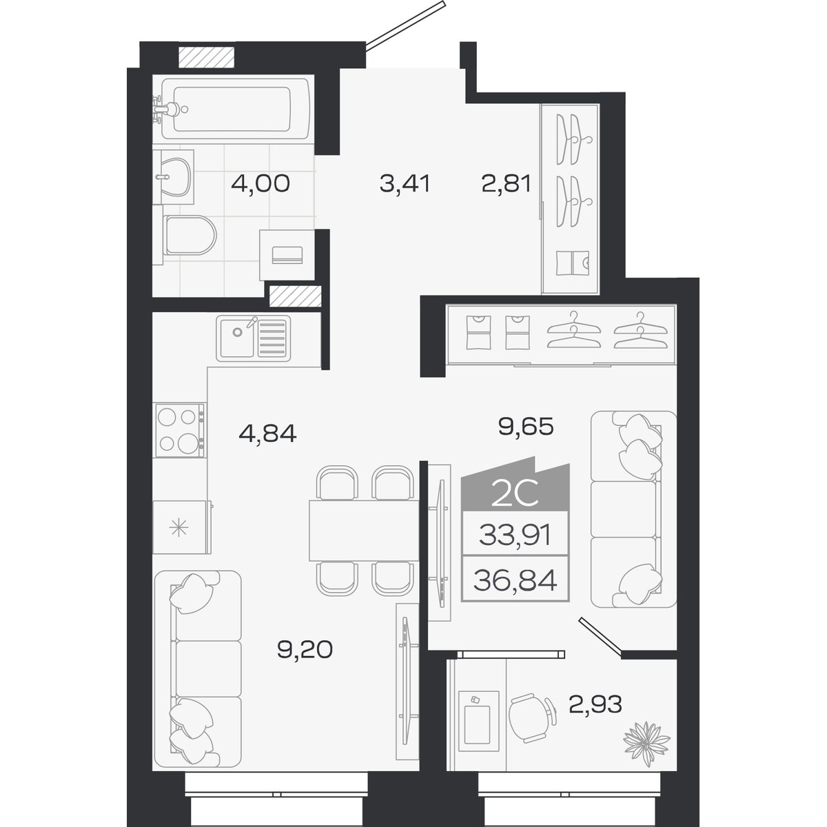 Планировка: Евро-2, 33,91 м²