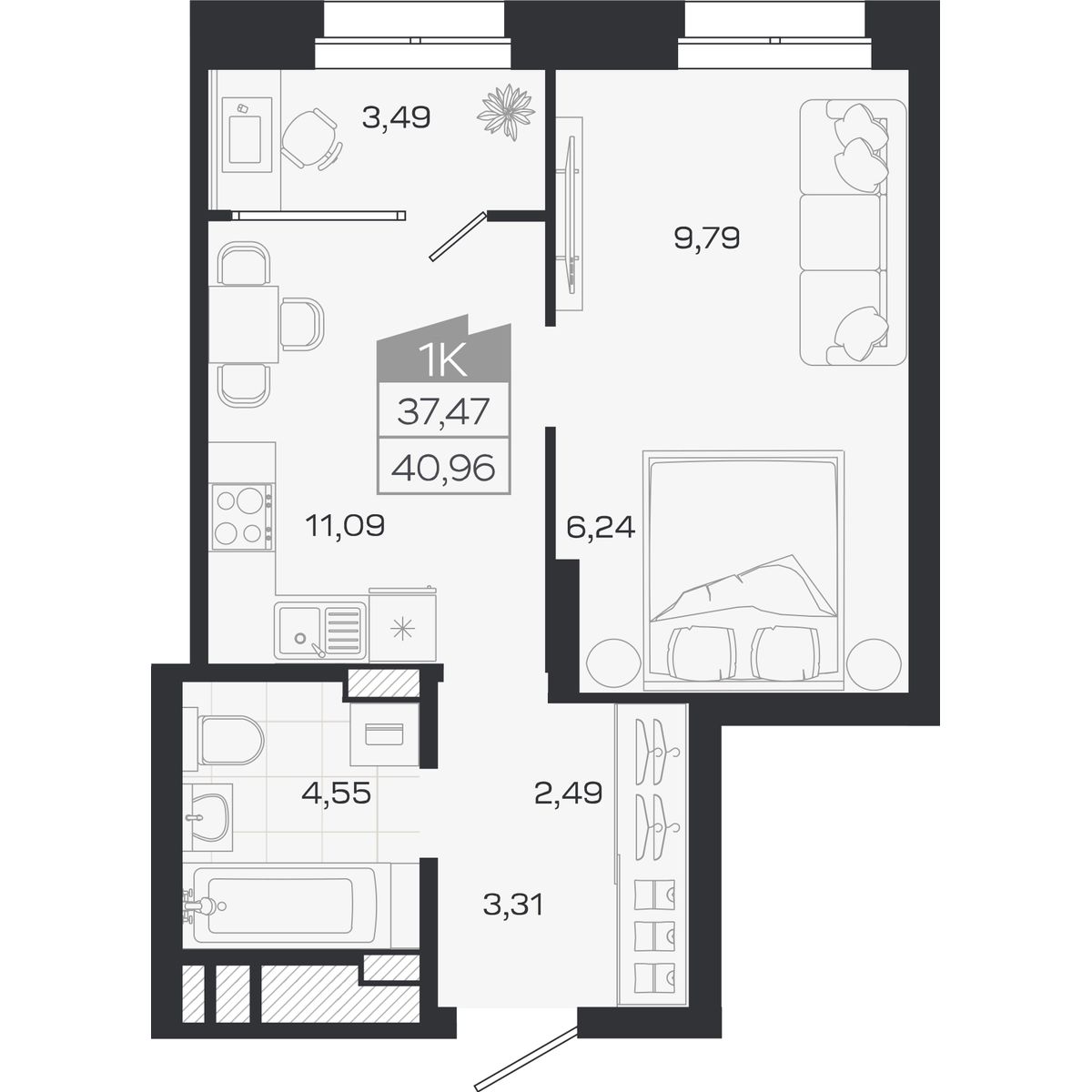 Планировка: 1-комнатная, 37,47 м²