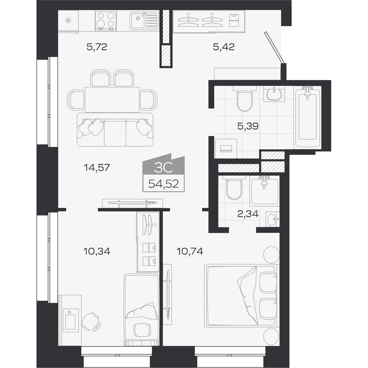 Планировка: Евро-3, 54,52 м²