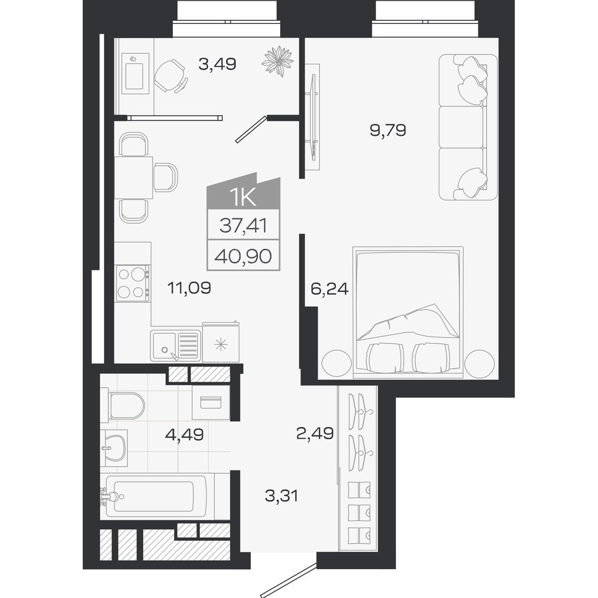Планировка: 1-комнатная, 37,41 м²