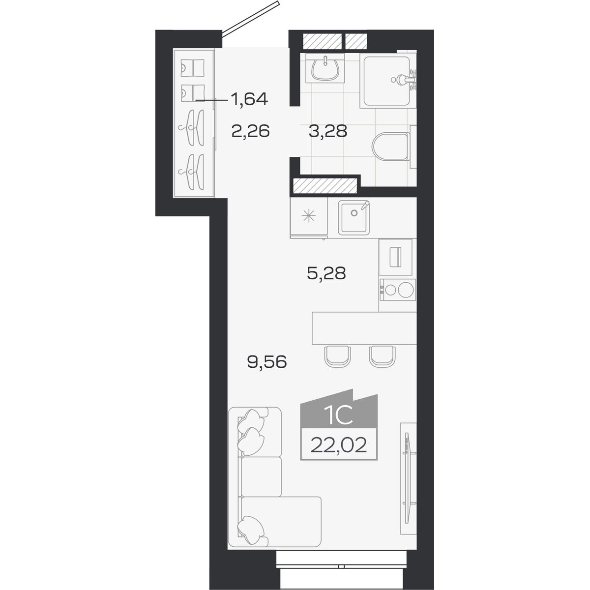 Планировка: Студия, 22,02 м²