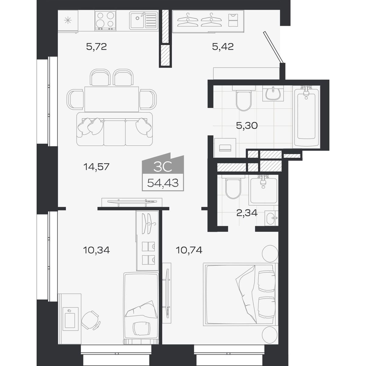 Планировка: Евро-3, 54,43 м²