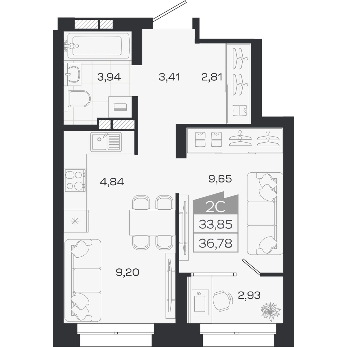 Планировка: Евро-2, 33,85 м²