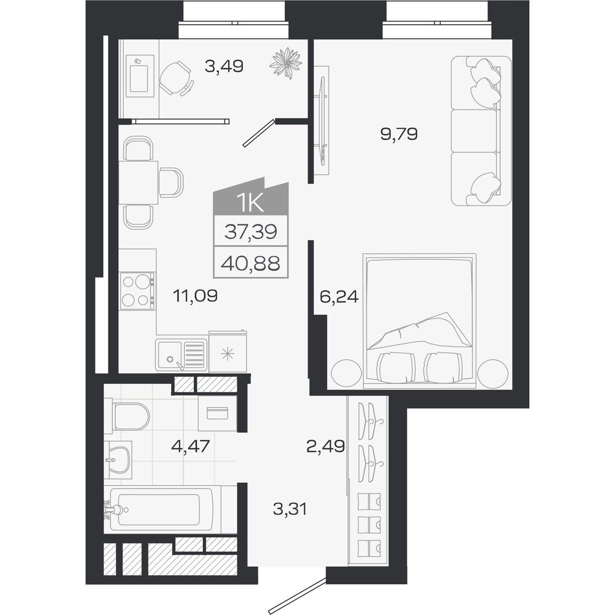 Планировка: 1-комнатная, 37,39 м²