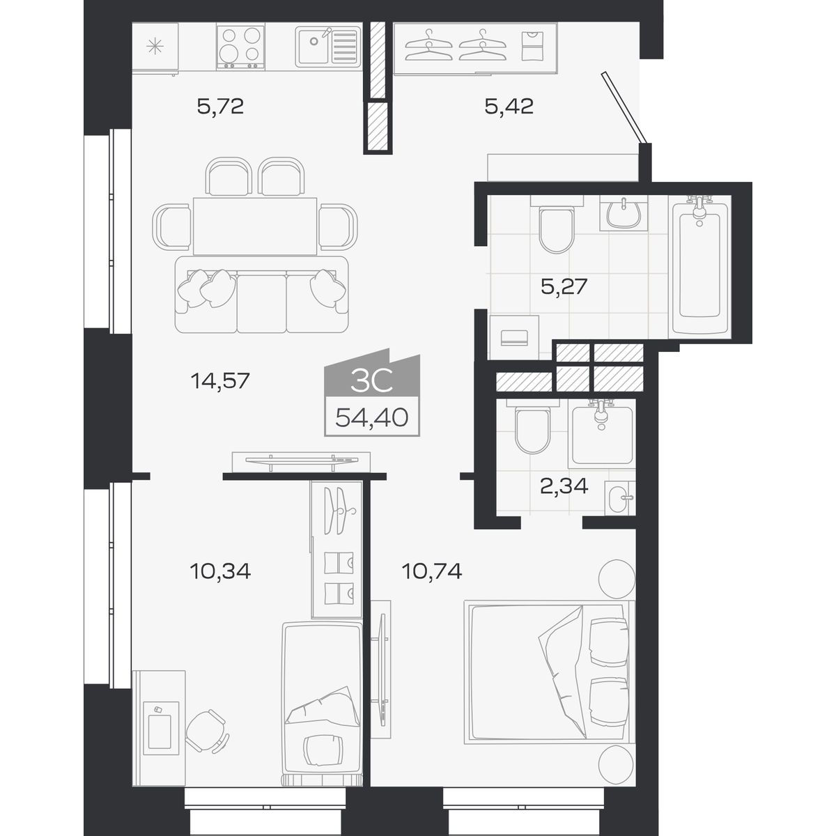 Планировка: Евро-3, 54,4 м²