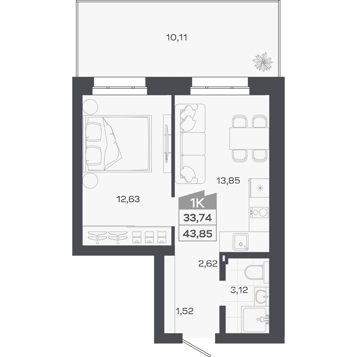 Планировка: 1-комнатная, 33,74 м²