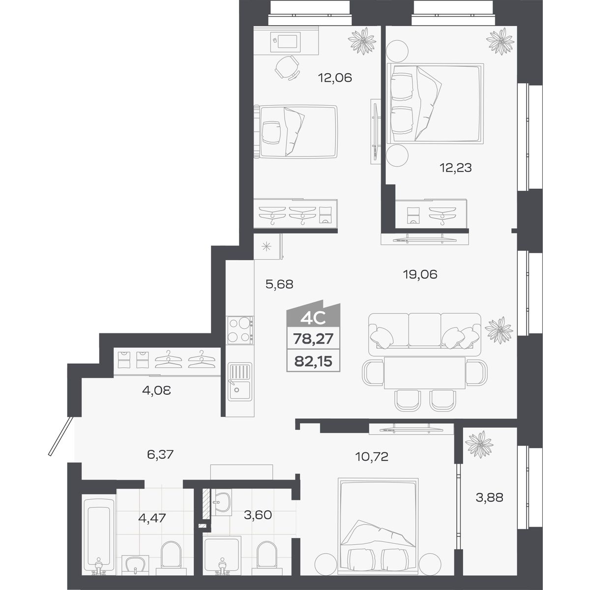 Планировка: Евро-4, 78,27 м²