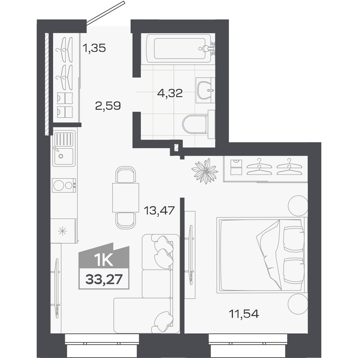 Планировка: 1-комнатная, 33,27 м²