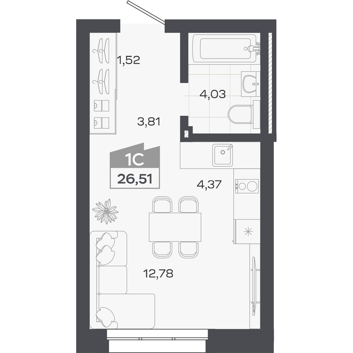 Планировка: Студия, 26,51 м²