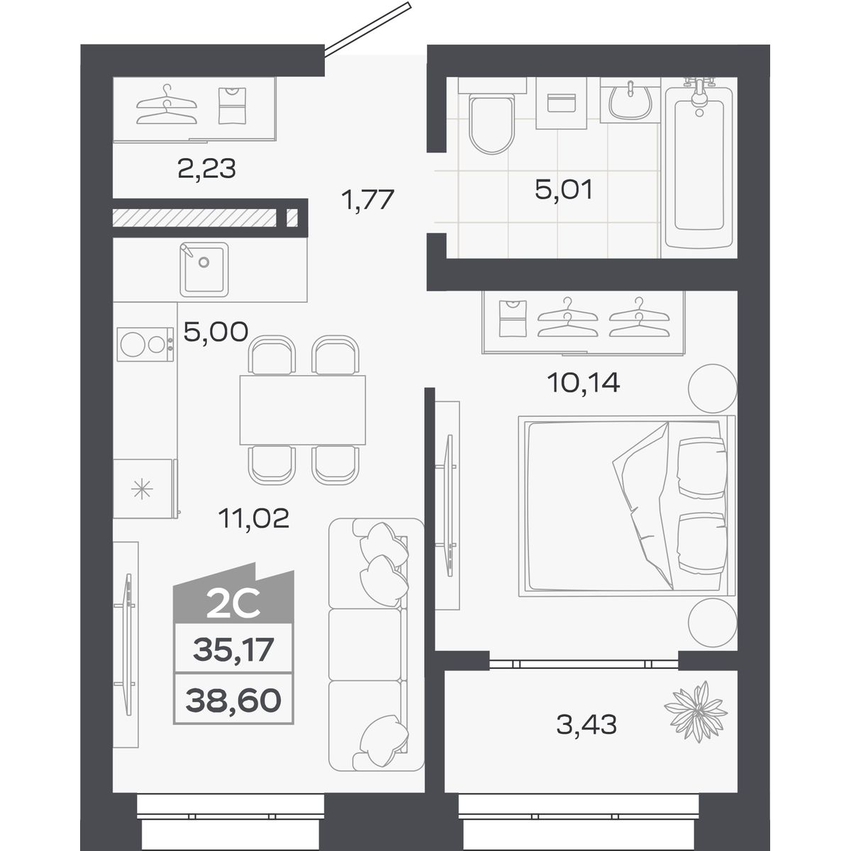 Планировка: Евро-2, 35,17 м²