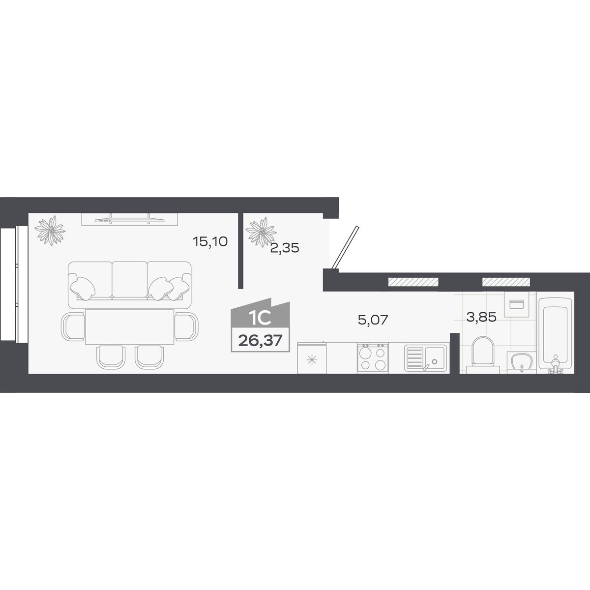 Планировка: Студия, 26,37 м²